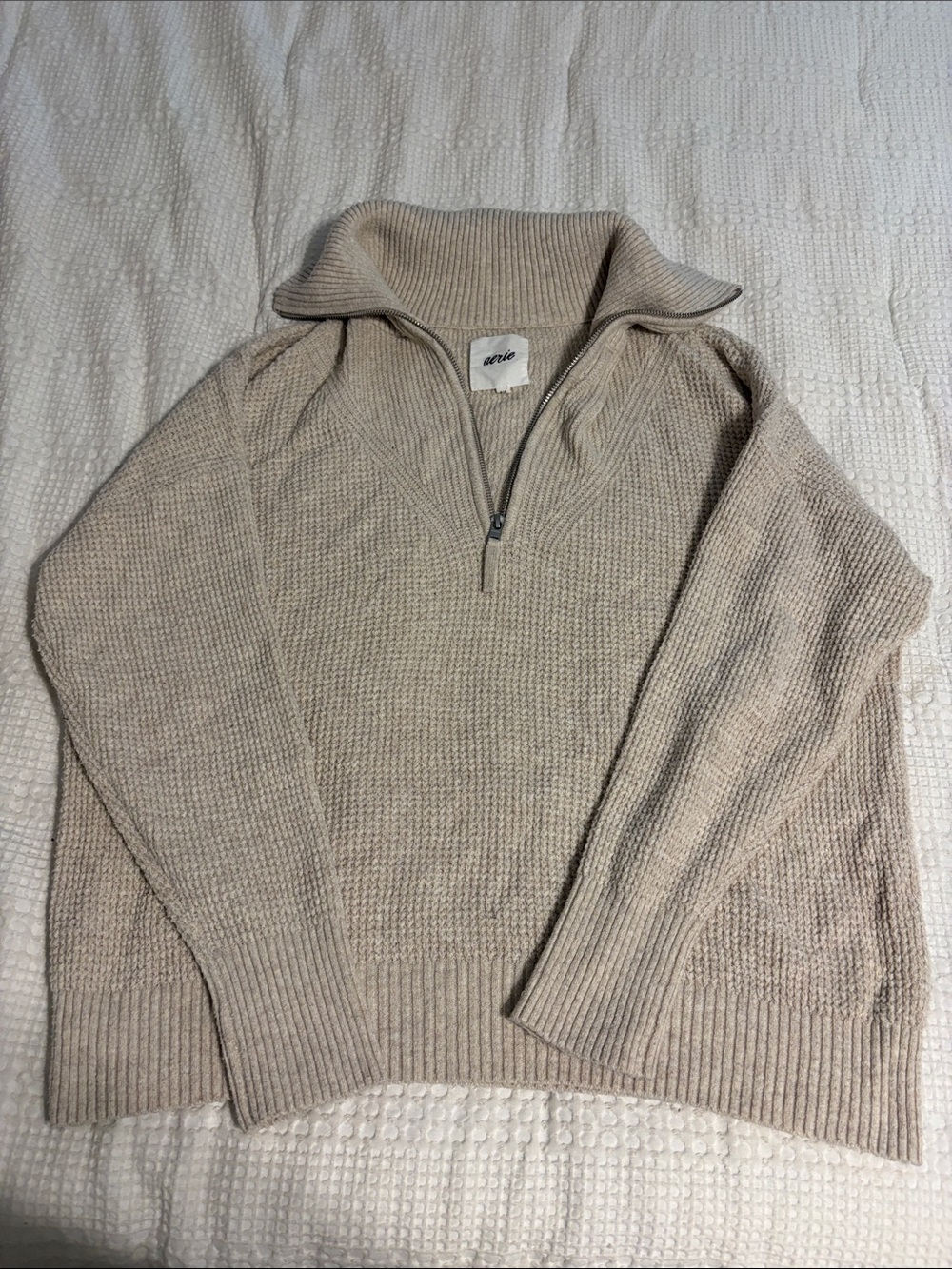 Aerie women’sNeutral Beige Half-Zip Knit Waffle weave Sweater